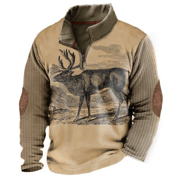 Menns Western Vintage Elk Print Casual Loose Stand Krage Zipper Vaffel Sweatshirt