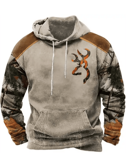 Menns Retro Deer Jakt Branch Print hette Sweatshirt med snøring