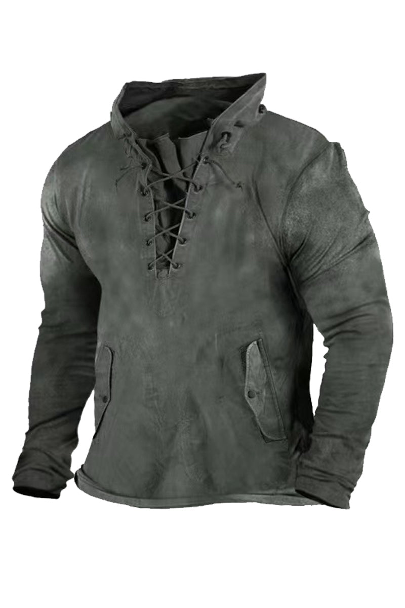 Menns Retro Hooded løs, fast ensfarge, utendørs Casual Topp