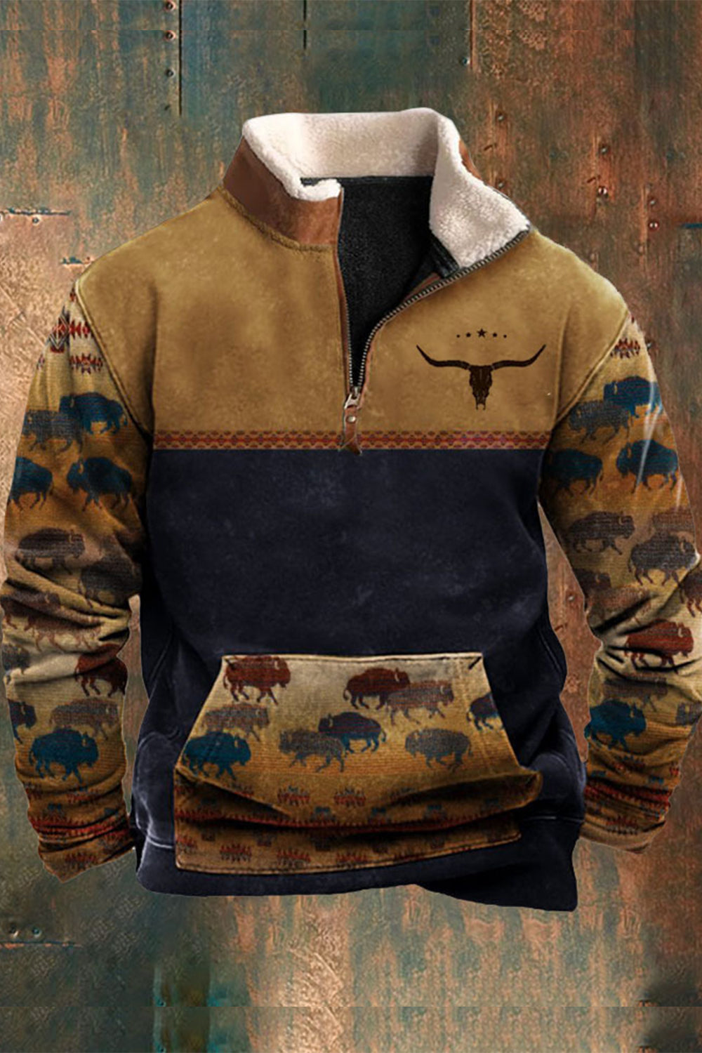 Menns tilføyelige mote Fur Flykrage Western Folkeopplyst stil patchwork trykt sweatshirt