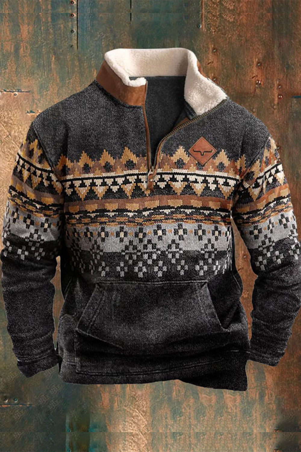 Menns tilføyelige mote Fur Flykrage Western Folkeopplyst stil patchwork trykt sweatshirt