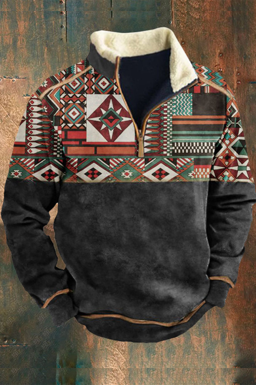 Menns tilføyelige mote Fur Flykrage Western Folkeopplyst stil patchwork trykt sweatshirt