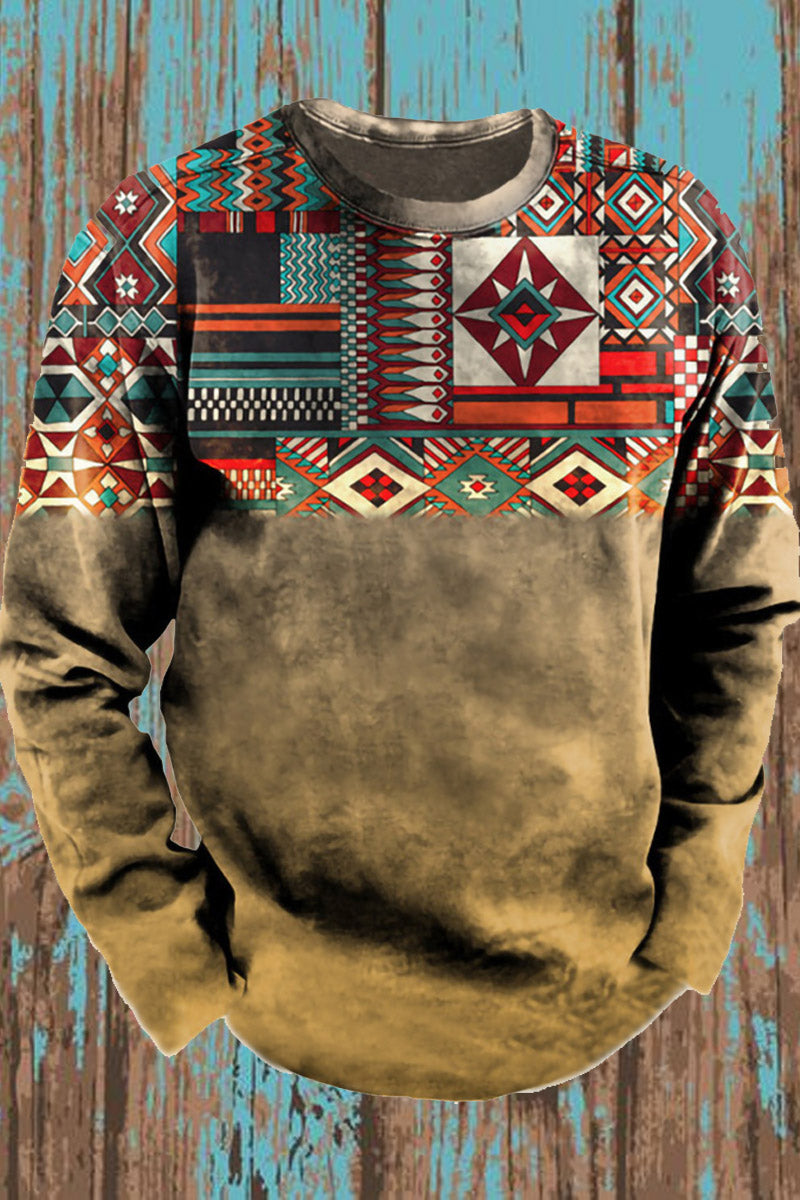 Tilføyelig rund hals Retro Western Stil Print Langærme Sweatshirt