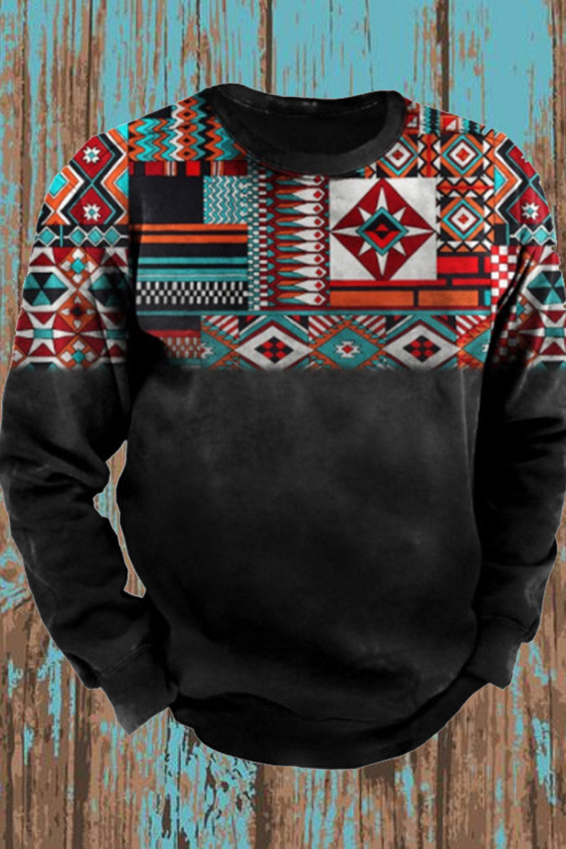 Tilføyelig rund hals Retro Western Stil Print Langærme Sweatshirt