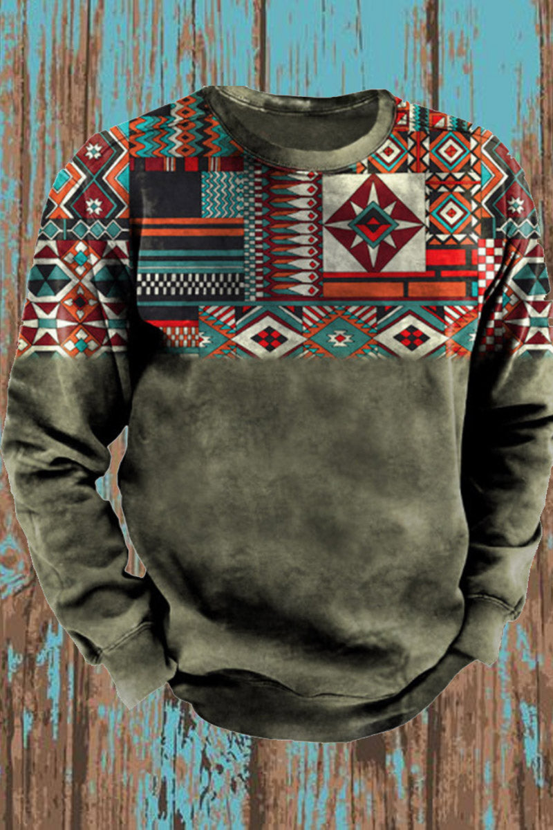 Tilføyelig rund hals Retro Western Stil Print Langærme Sweatshirt