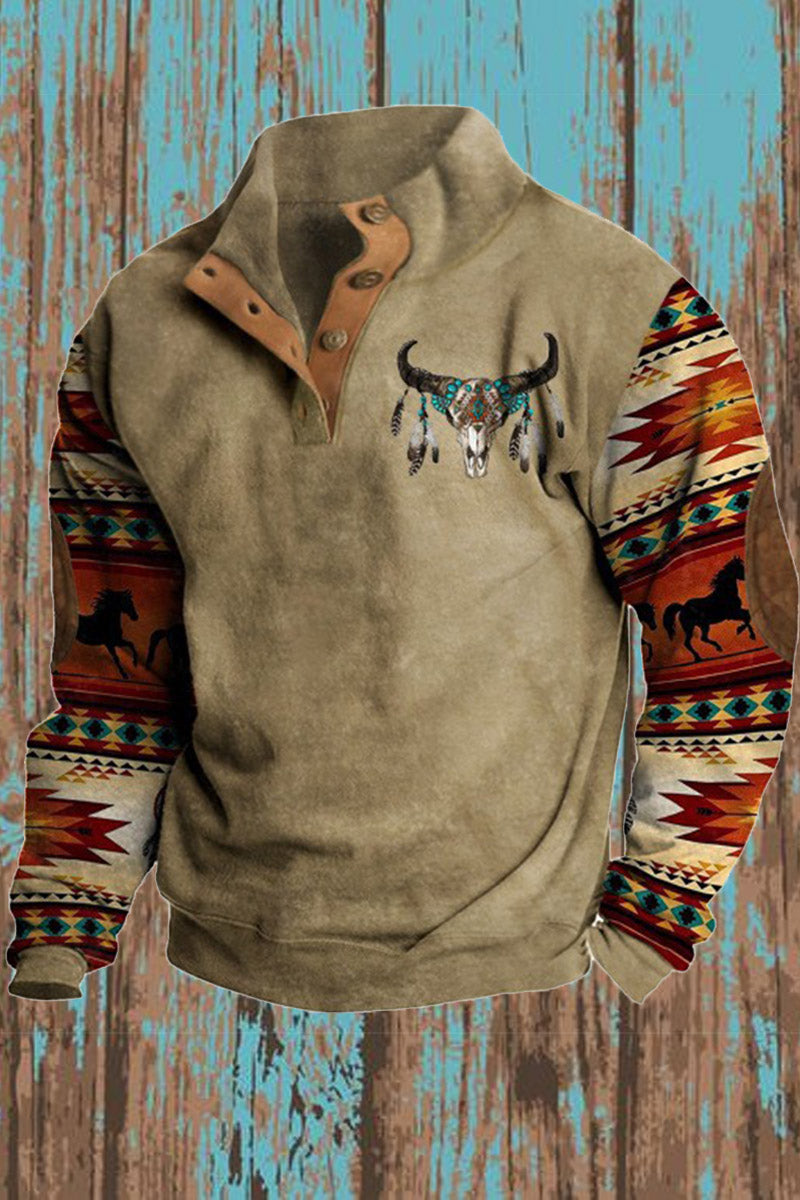 Tilføyelig standpanel Retro Western Stil Print Polo Langærme Sweatshirt