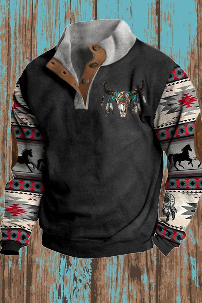 Tilføyelig standpanel Retro Western Stil Print Polo Langærme Sweatshirt