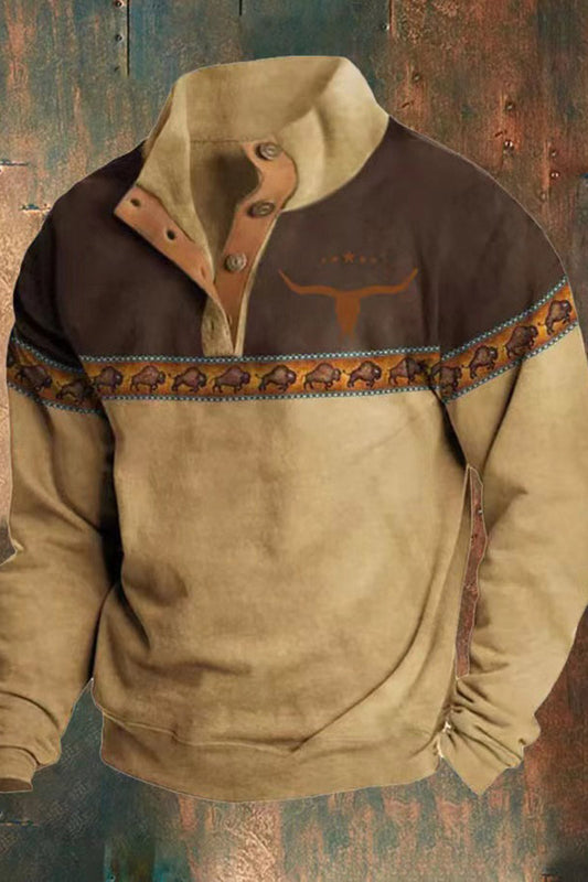 Tilføyelig stativ for herrens krage linslås Retro Western Stil Print Langærme Sweatshirt