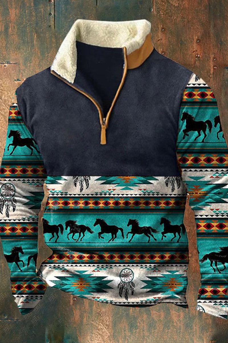 Tilføyelig stativ for herrens krage linslås Retro Western Stil Print Langærme Sweatshirt