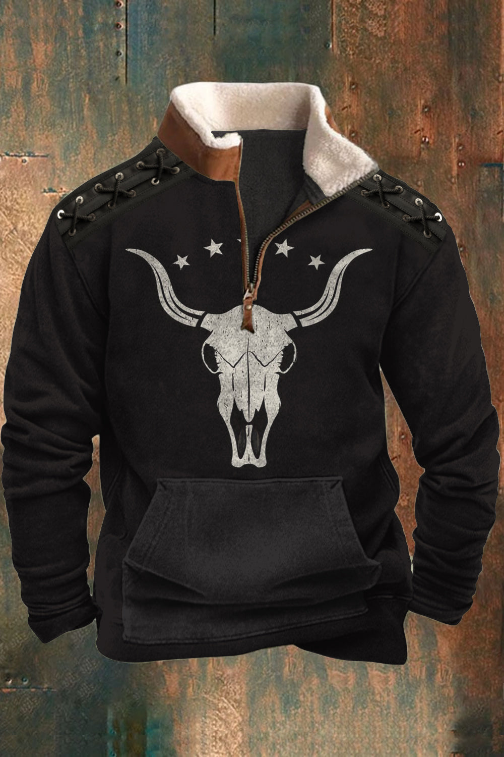 Menns Vintage Fashionable Western Cowboy stil 3D Print Fur krage linjolør flush utendørs sweatshirt