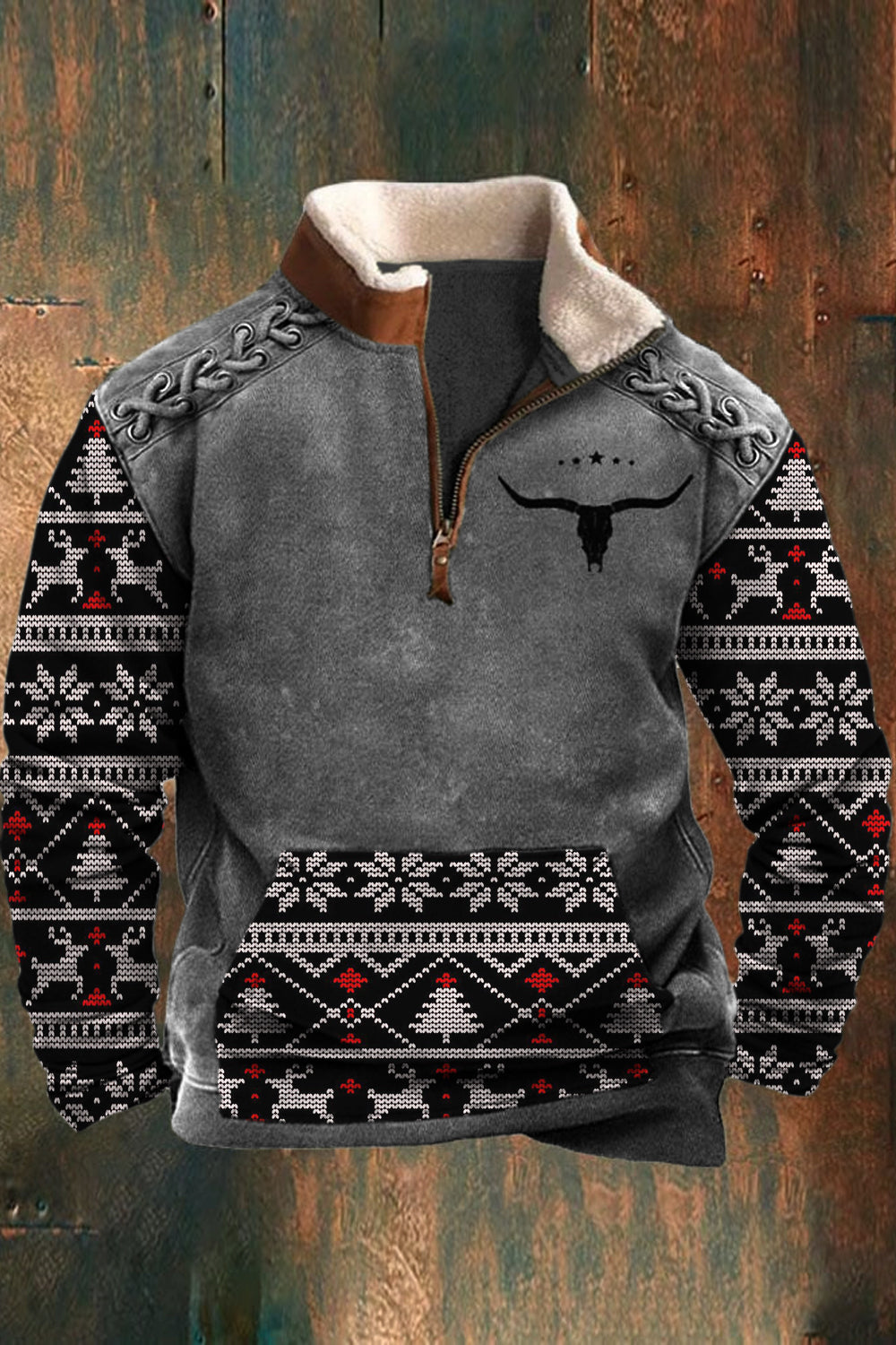 Menns Retro Western Christmas tekstur mønster 3D Skriv ut furkrage linjolør flush utendørs sweatshirt