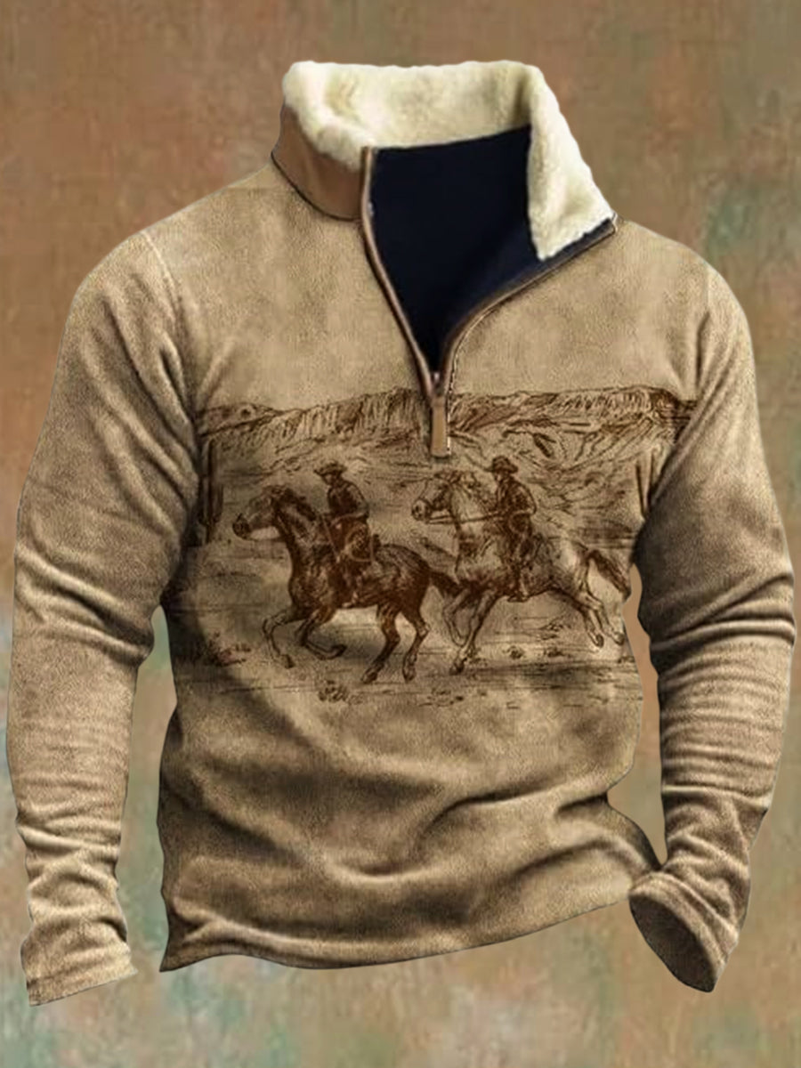 Menns Vintage Western Cowboy Krigshest 3D trykt Retro Fur Krage Zipper Flush Utendørs Sweatshirt