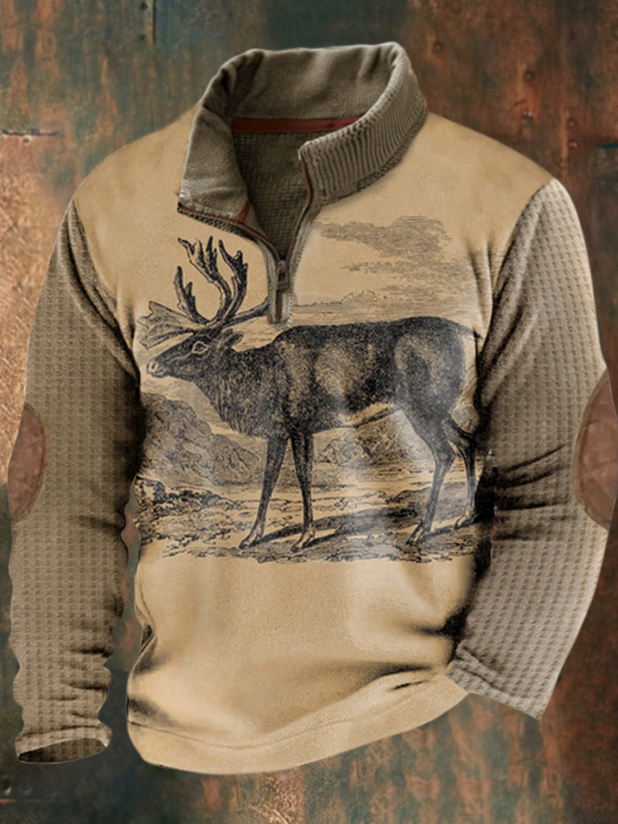 Menns Western Vintage Elk Print Casual Loose Stand Krage Zipper Vaffel Sweatshirt