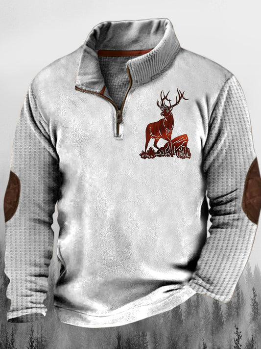 Menens Western Elk Rock Stein Print stativ krageknapp Flush Utendørs sweatshirt