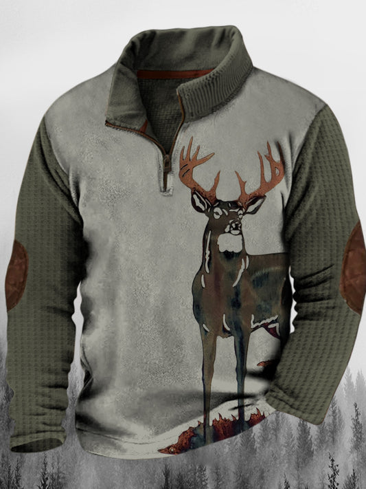 Menns Western Elk Vintage Tekstur Skriv ut stativkraveknapp flush utendørs sweatshirt