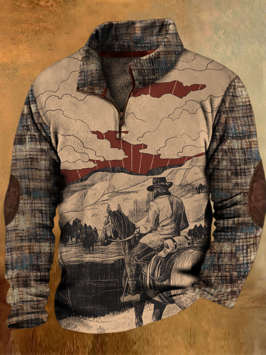 For menns klassikker Cowboy Plaid Panel Skriv ut skrive Walf sjekk splicing lynlåss sweatshirt