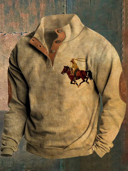 Menns Retro Western Rodeo Trykt stativkrageknapp Flush utendørs sweatshirt