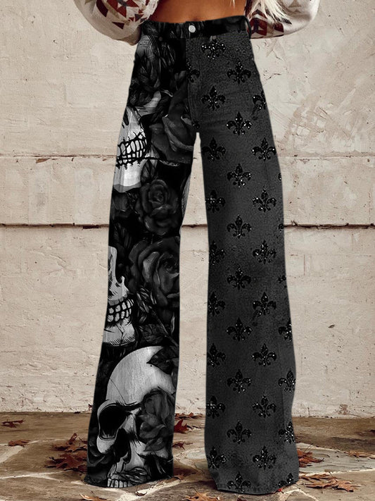 Punk Skull Iris trykt vintage Western Chic Løse bomullsknapper bukser