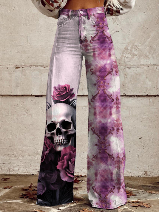 Punk Skull Rose trykt Vintage Western Chic Løs bomull Knapper bukser