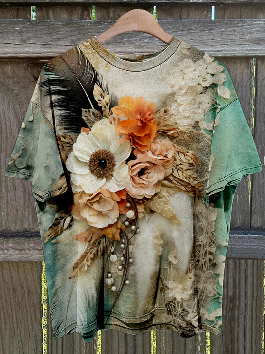 Western Flower Fejr trykt Vintage Fashion Løs kort erme T-shirt