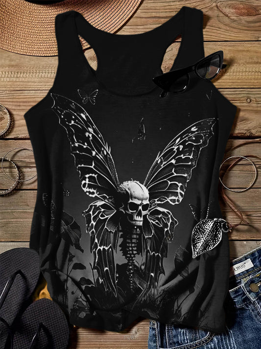 Punk metall sommerfugl Skull trykt Vintage kunst besetning hals bomull Comfort Tank øverst